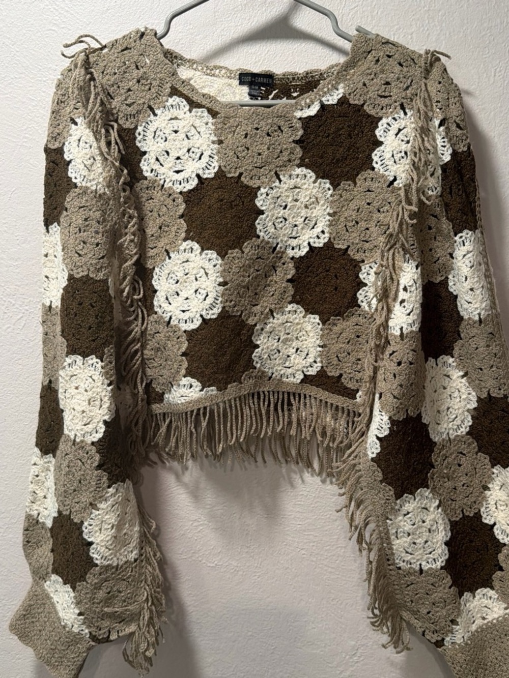 Coco + Carmen Crochet Fringe Sweater - Brown/Beige/Cream